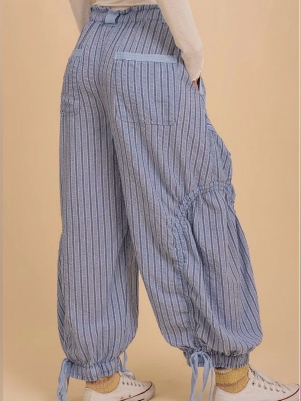 Blue Velvet Breana White Blue Striped Balloon Cargo Pants Boho Coastal Parachute - Picture 4 of 12